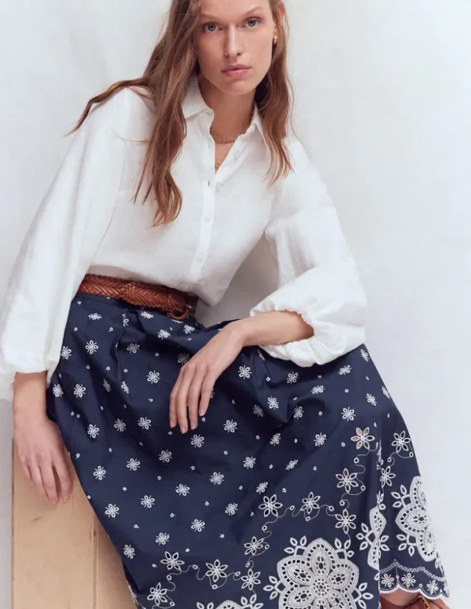Verity Broderie Poplin Skirt Navy Verity Broderie Poplin Skirt Navy