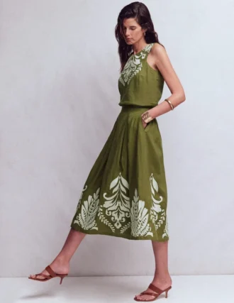 Verity Linen Midi Skirt Woodland Green Embroidery