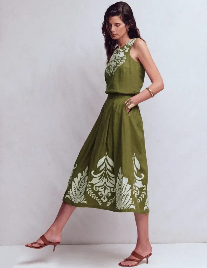 Verity Linen Midi Skirt Woodland Green Embroidery Verity Linen Midi Skirt Woodland Green Embroidery