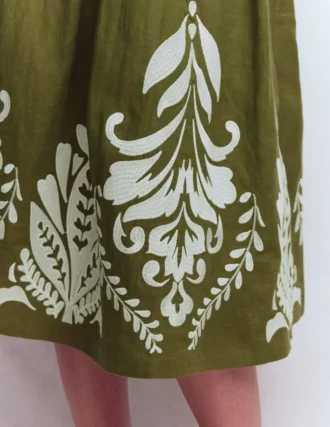 Verity Linen Midi Skirt Woodland Green Embroidery