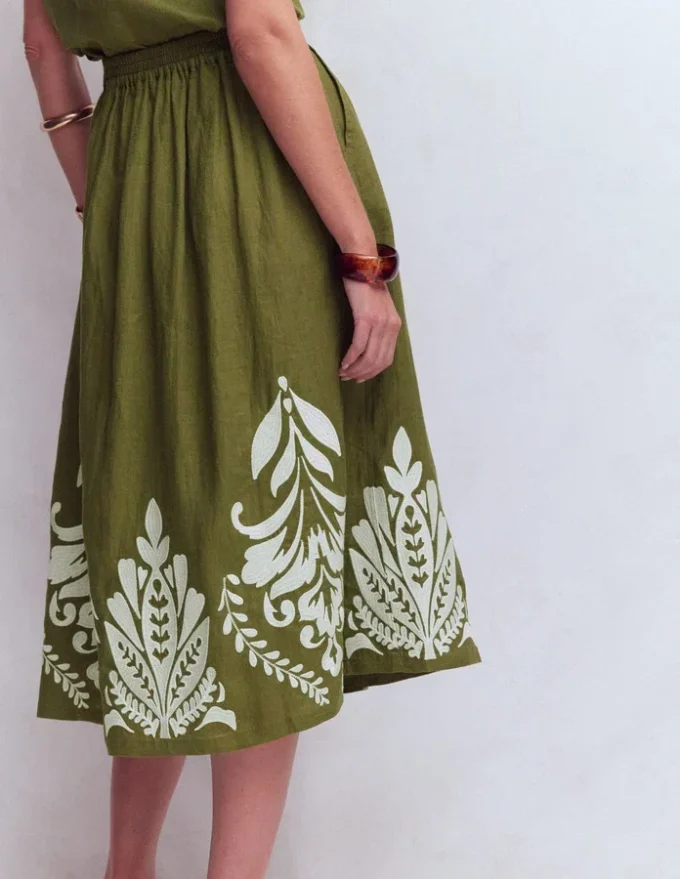Verity Linen Midi Skirt Woodland Green Embroidery Verity Linen Midi Skirt Woodland Green Embroidery