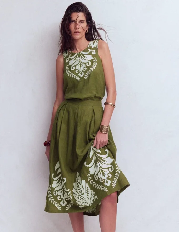 Verity Linen Midi Skirt Woodland Green Embroidery Verity Linen Midi Skirt Woodland Green Embroidery