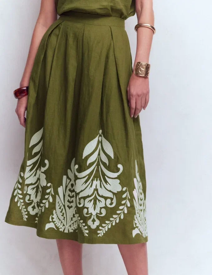 Verity Linen Midi Skirt Woodland Green Embroidery Verity Linen Midi Skirt Woodland Green Embroidery