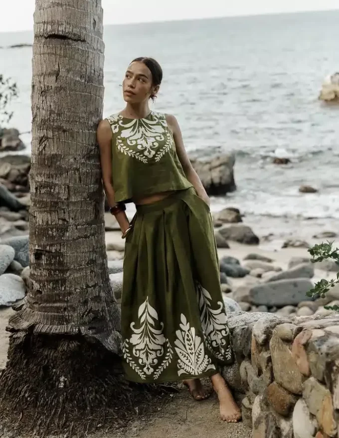 Verity Linen Midi Skirt Woodland Green Embroidery Verity Linen Midi Skirt Woodland Green Embroidery