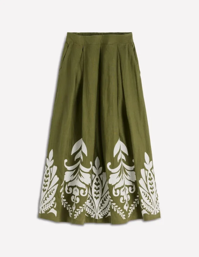 Verity Linen Midi Skirt Woodland Green Embroidery Verity Linen Midi Skirt Woodland Green Embroidery