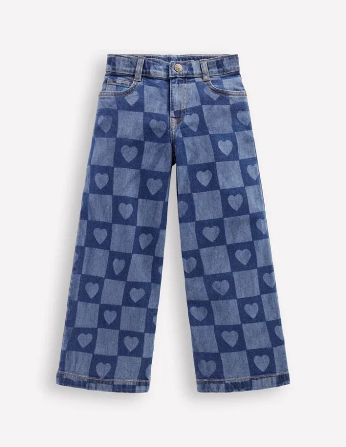 Wide Leg Jeans Heart Checkerboard Denim