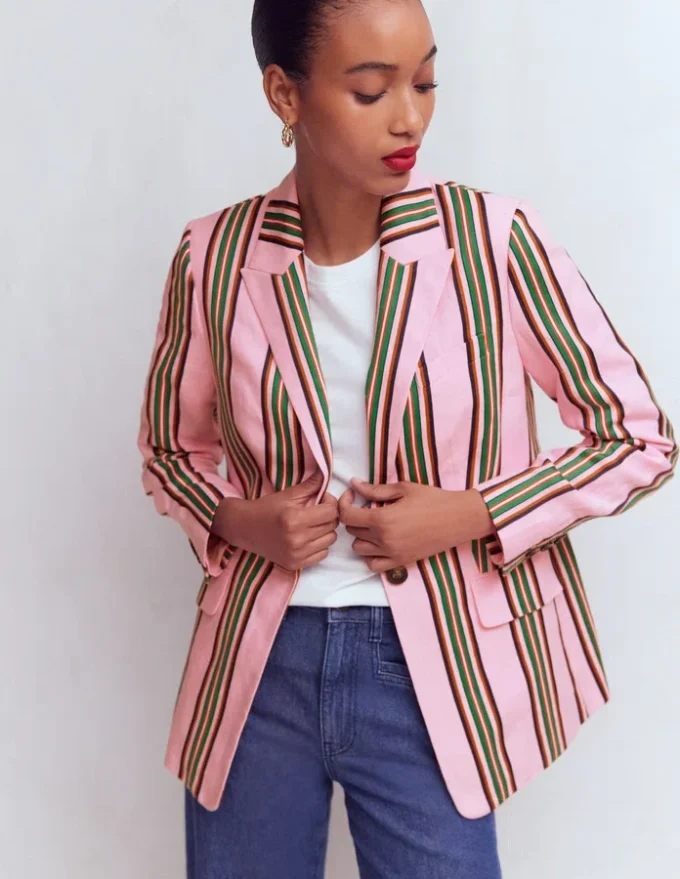Woodbridge Linen Blazer Pink, Rich Emerald Stripe Woodbridge Linen Blazer Pink, Rich Emerald Stripe