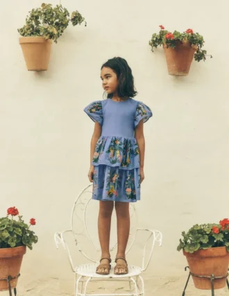 Woven Mix Twirly Dress Azure Blue Jungle Trellis