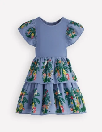Woven Mix Twirly Dress Azure Blue Jungle Trellis