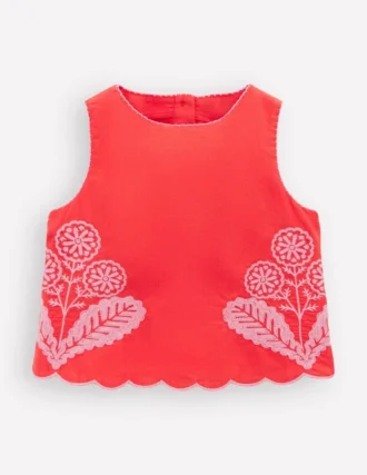 Woven Shell Top Spicy Red Neon Embroidery