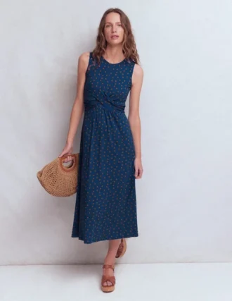 Zara Cross Waist Jersey Dress Tourmaline Blue, Painted Dot