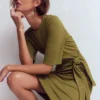 Zinnia Tie Jersey Short Dress Olive Zinnia Tie Jersey Short Dress Olive
