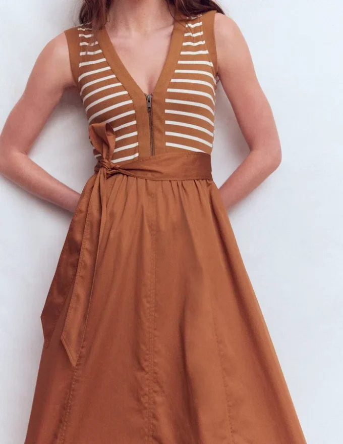 Zip-front Mix Media Dress Ginger and Ivory Stripe Zip-front Mix Media Dress Ginger and Ivory Stripe
